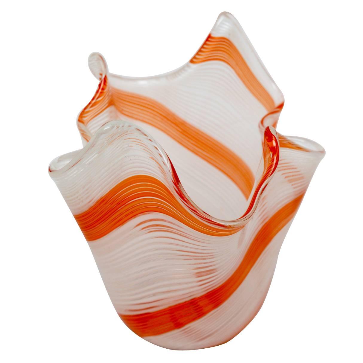 Mid-Century Murano Glass Handkerchief Vase in White and Hermes Orange Stripes