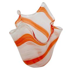 Mid-Century Murano Glass Handkerchief Vase in White and Hermes Orange Stripes