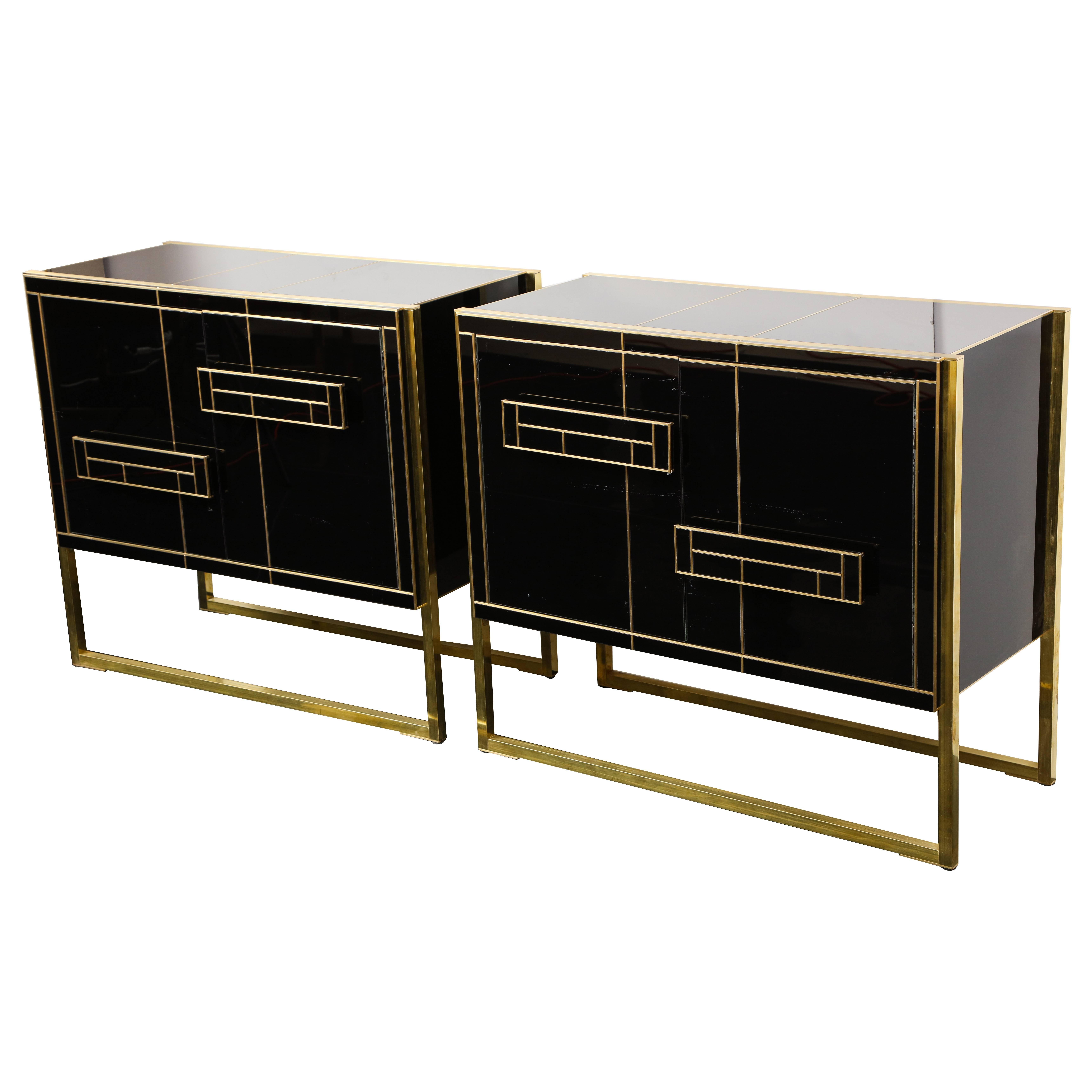 One of a Kind Signed Pair of Black Glass and Brass Cabinets
