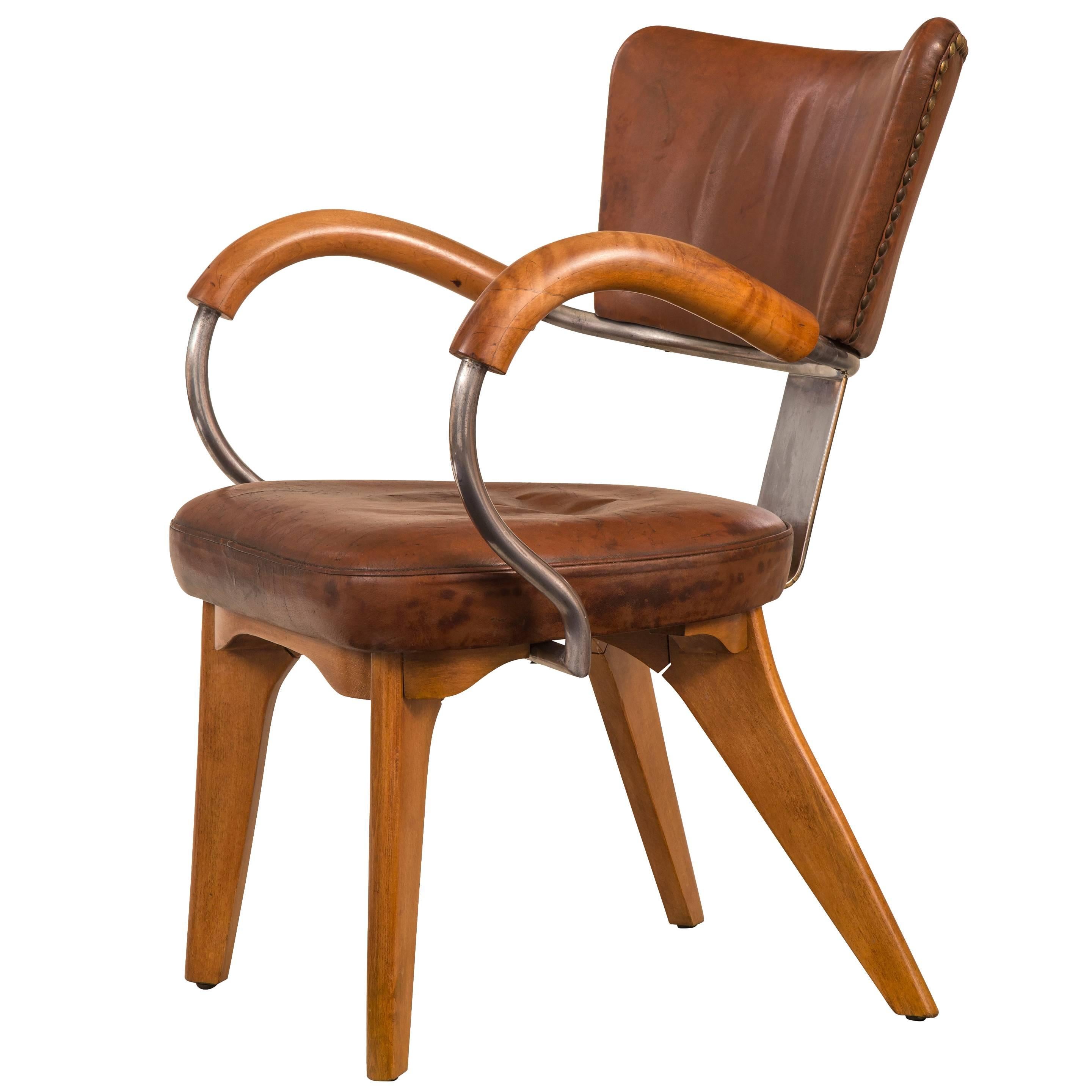 Flemming Lassen, Rare if not Unique Original Leather, Beech and Steel Armchair