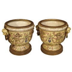Pair of Painted Porcelain Urns with Gilt Mounts, 20th Century