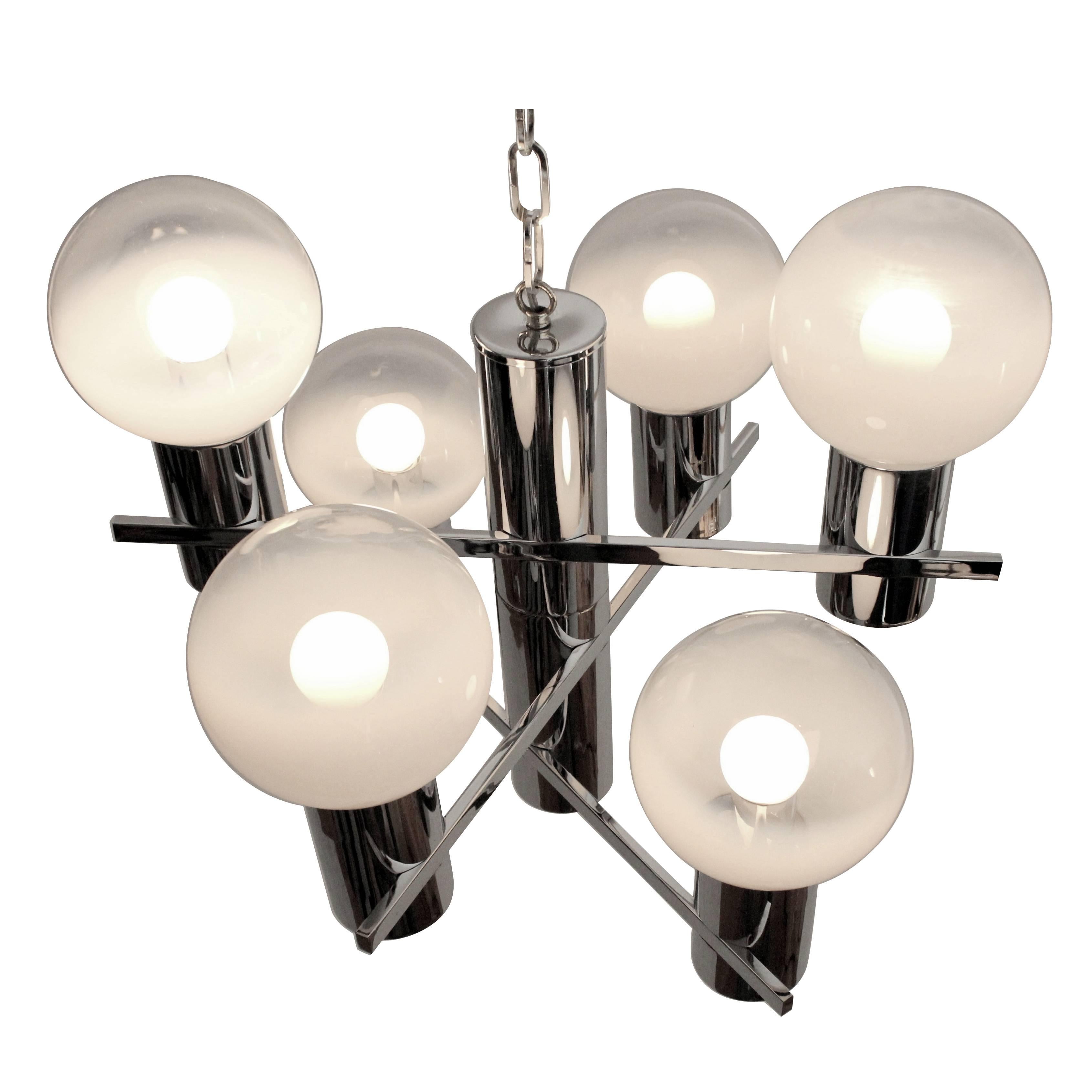 Asymetrical Chromed Six-Arm Chandelier in the Style of Sciolari/Mazzega, 1970s