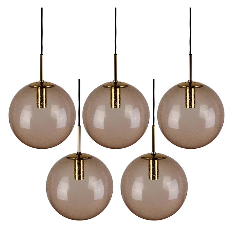 Four 1970s Spherical Smoked Glass Globe Pendant Lights By Glashütte Four 1970s Spherical Smoked Glass Globe Pendant Lights By Glashütte Limburg For