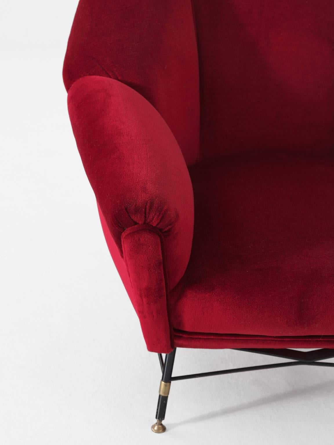 Mid-20th Century Italian Red Velvet Lounge Chair with Accompanying Ottoman