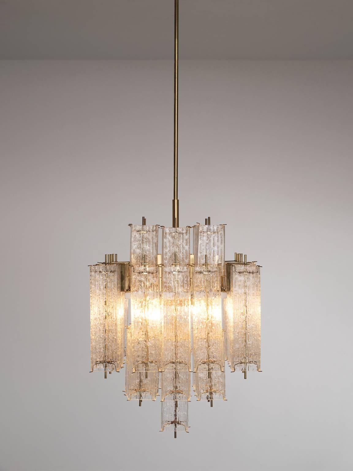 Mid-Century Modern Brass and Structured Glass Chandelier