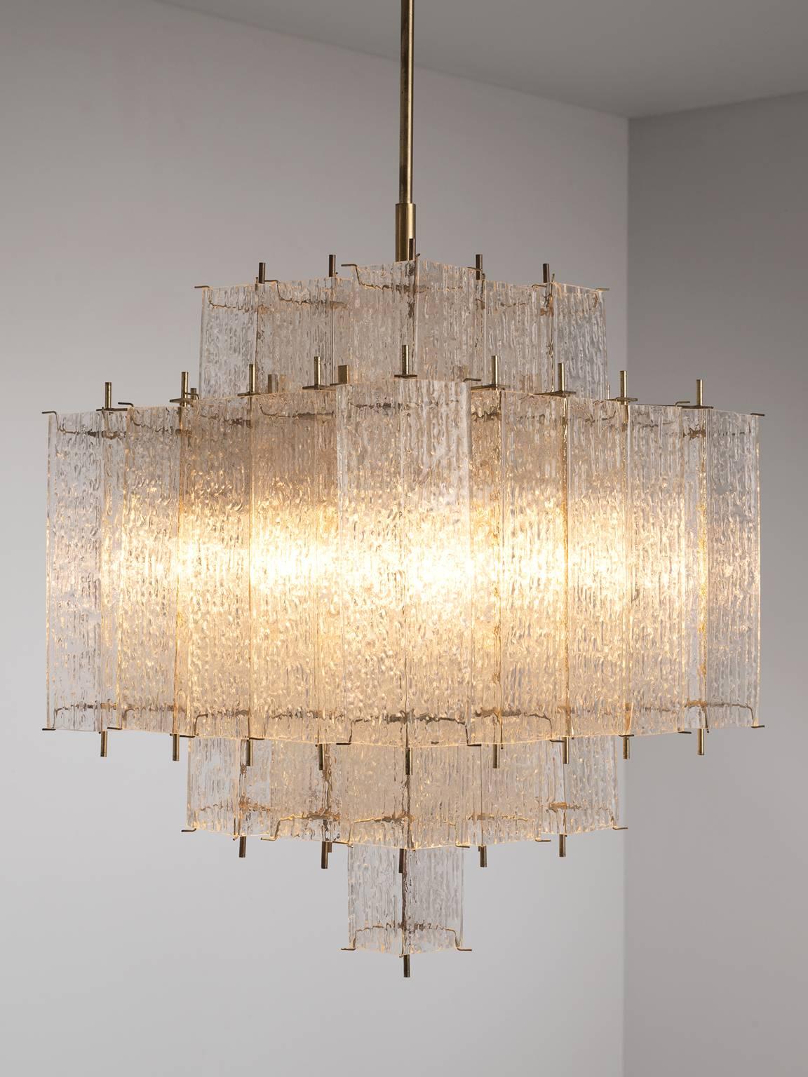 European Brass and Structured Glass Chandelier