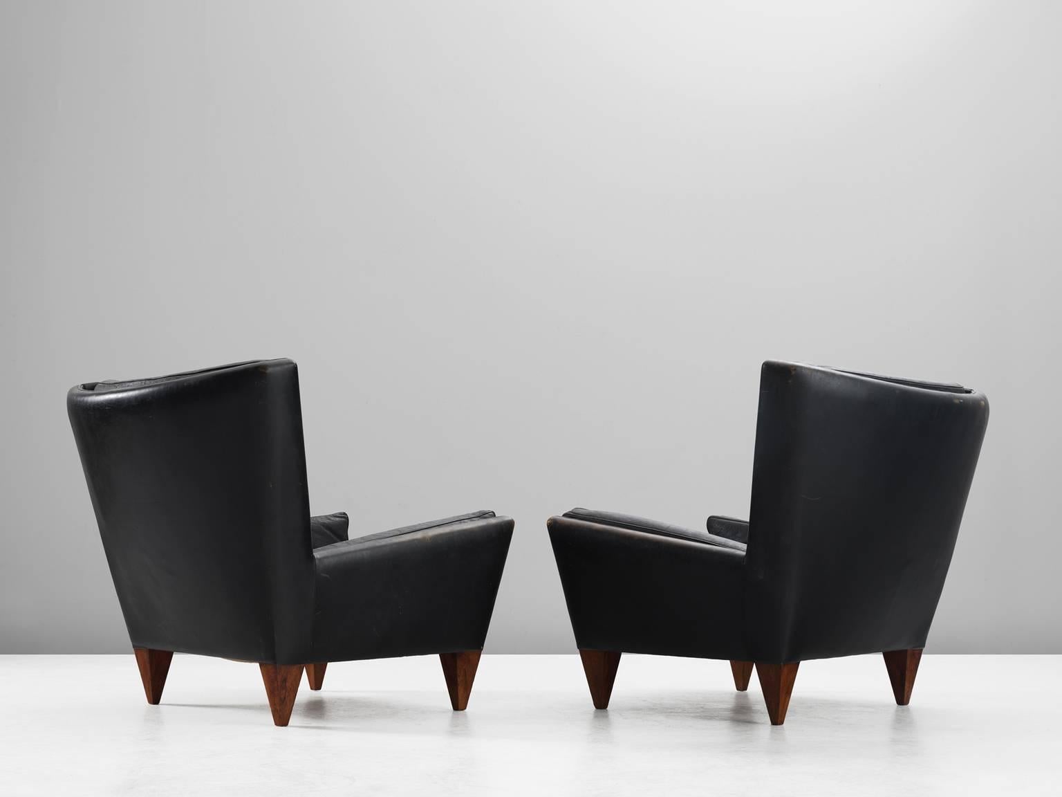 Danish Illum Wikkelsø Pair of Black Leather 'Pyramid' Lounge Chairs