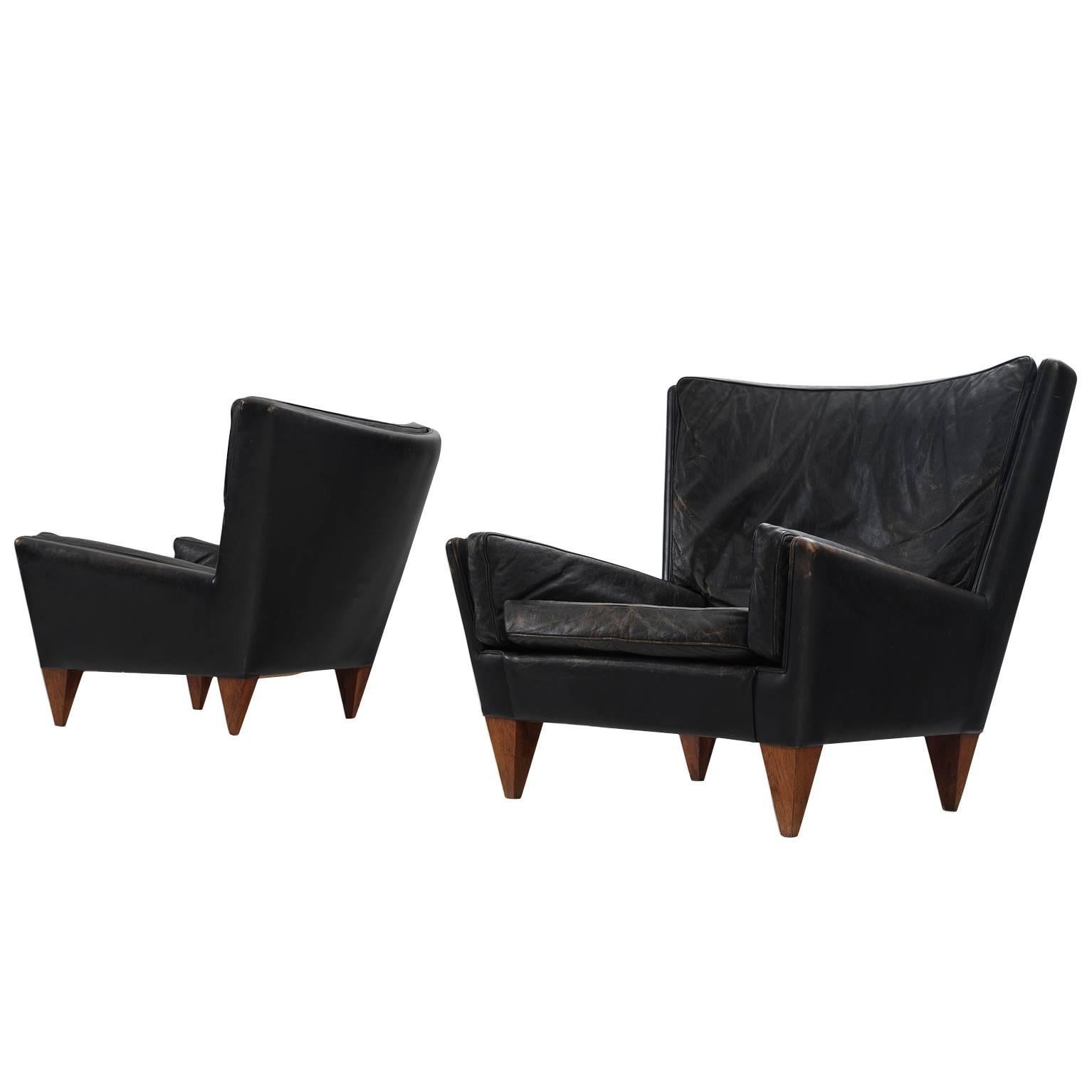 Illum Wikkelsø Pair of Black Leather 'Pyramid' Lounge Chairs