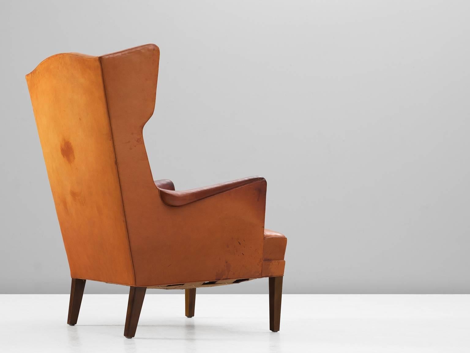Scandinavian Modern Frits Henningsen Wingback Lounge Chair in Original Cognac Leather