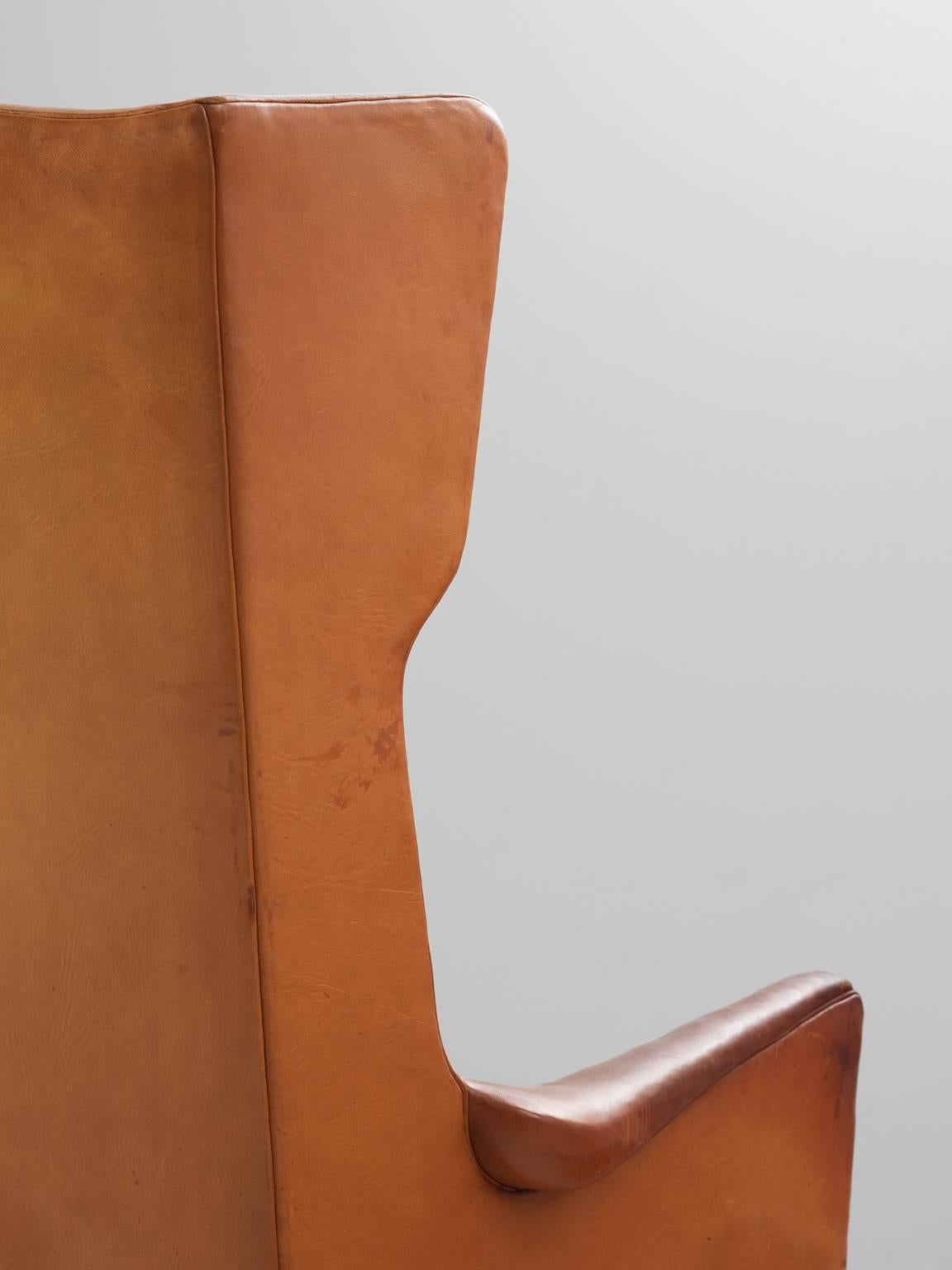 Danish Frits Henningsen Wingback Lounge Chair in Original Cognac Leather