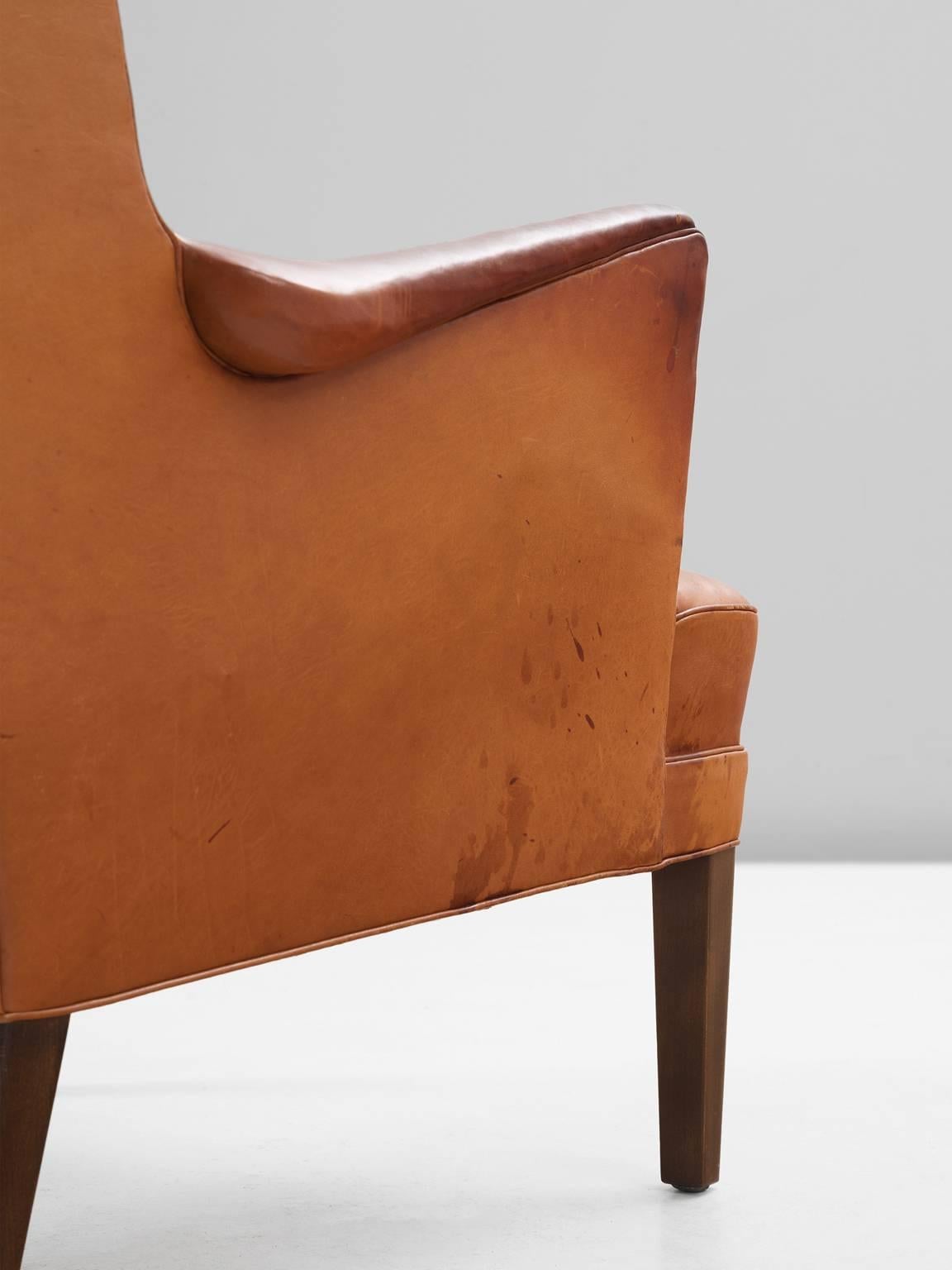 Mid-20th Century Frits Henningsen Wingback Lounge Chair in Original Cognac Leather
