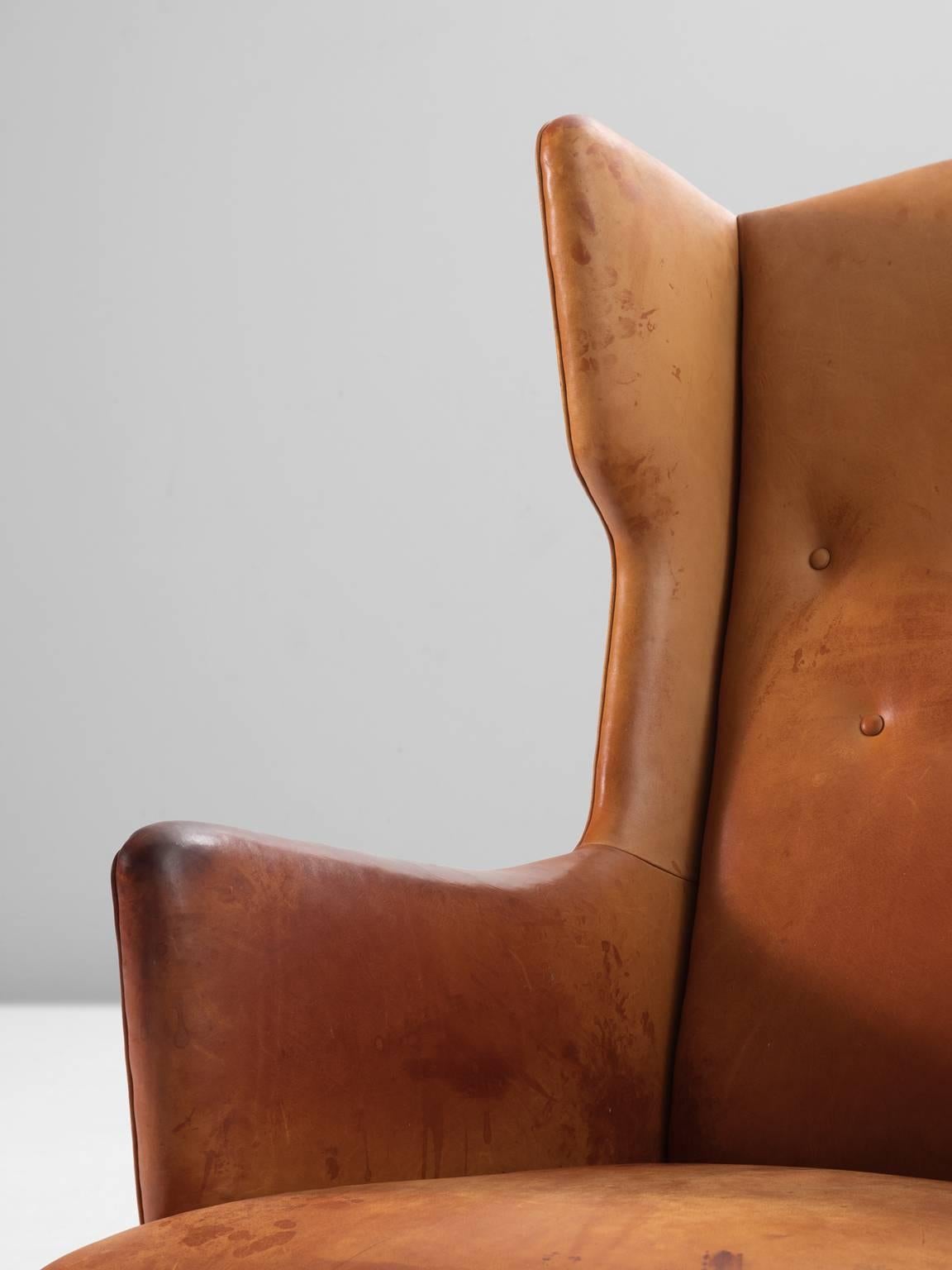 Wood Frits Henningsen Wingback Lounge Chair in Original Cognac Leather