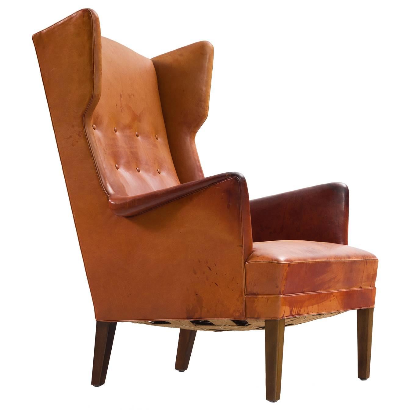 Frits Henningsen Wingback Lounge Chair in Original Cognac Leather