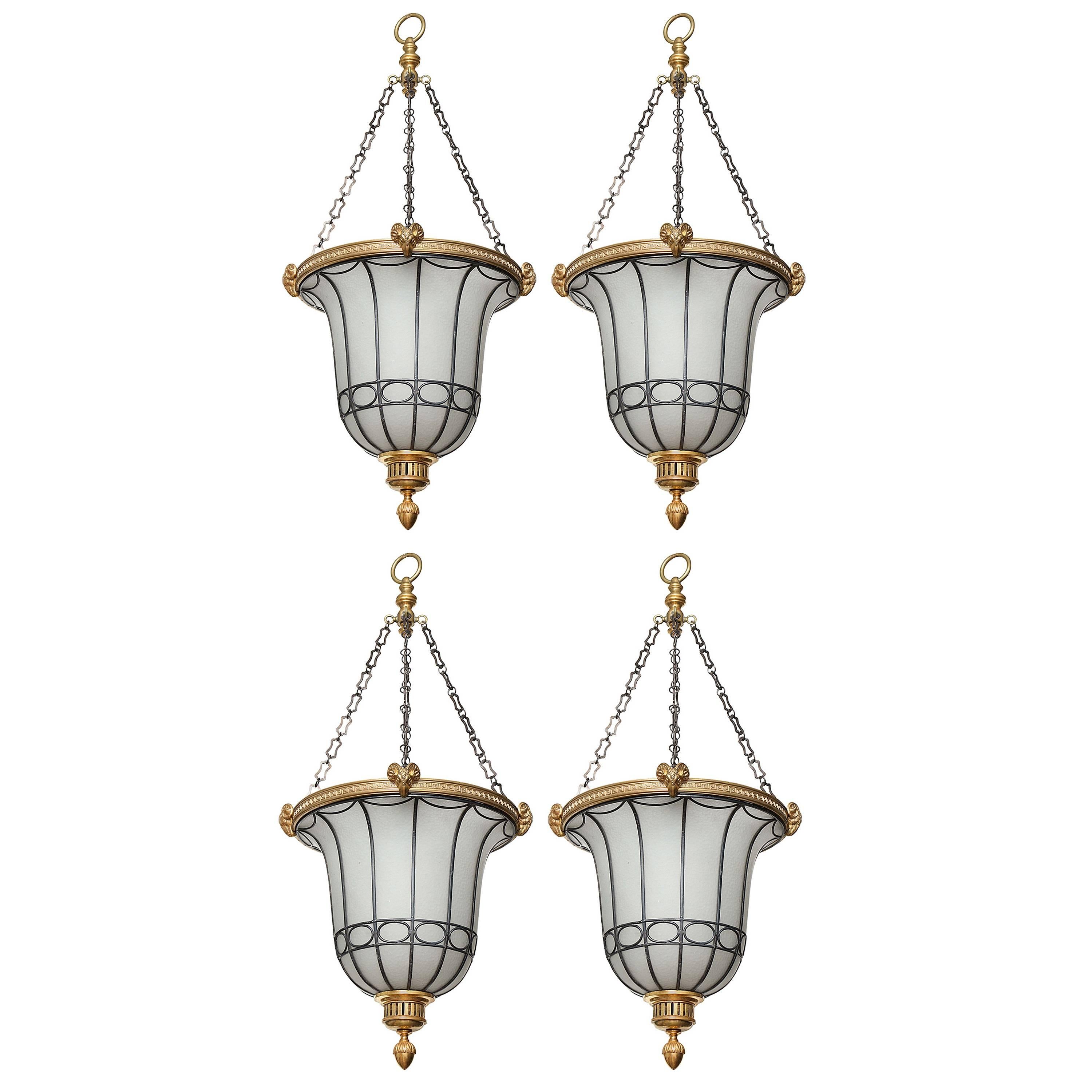 Set of Four Gilt Bronze Beaux-Arts Hanging Lanterns