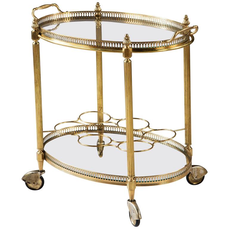 MidCentury Polished Brass Cocktail Drinks Trolley, Bar Cart at 1stDibs
