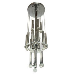 Vintage Sciolari Chromed Tube and Glass Ball Flush Mount Chandelier, 1970s, Italy