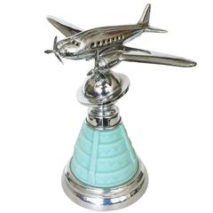 Vintage Douglas DC-2 Airplane Lamp with Stepped Art Deco Glass Base