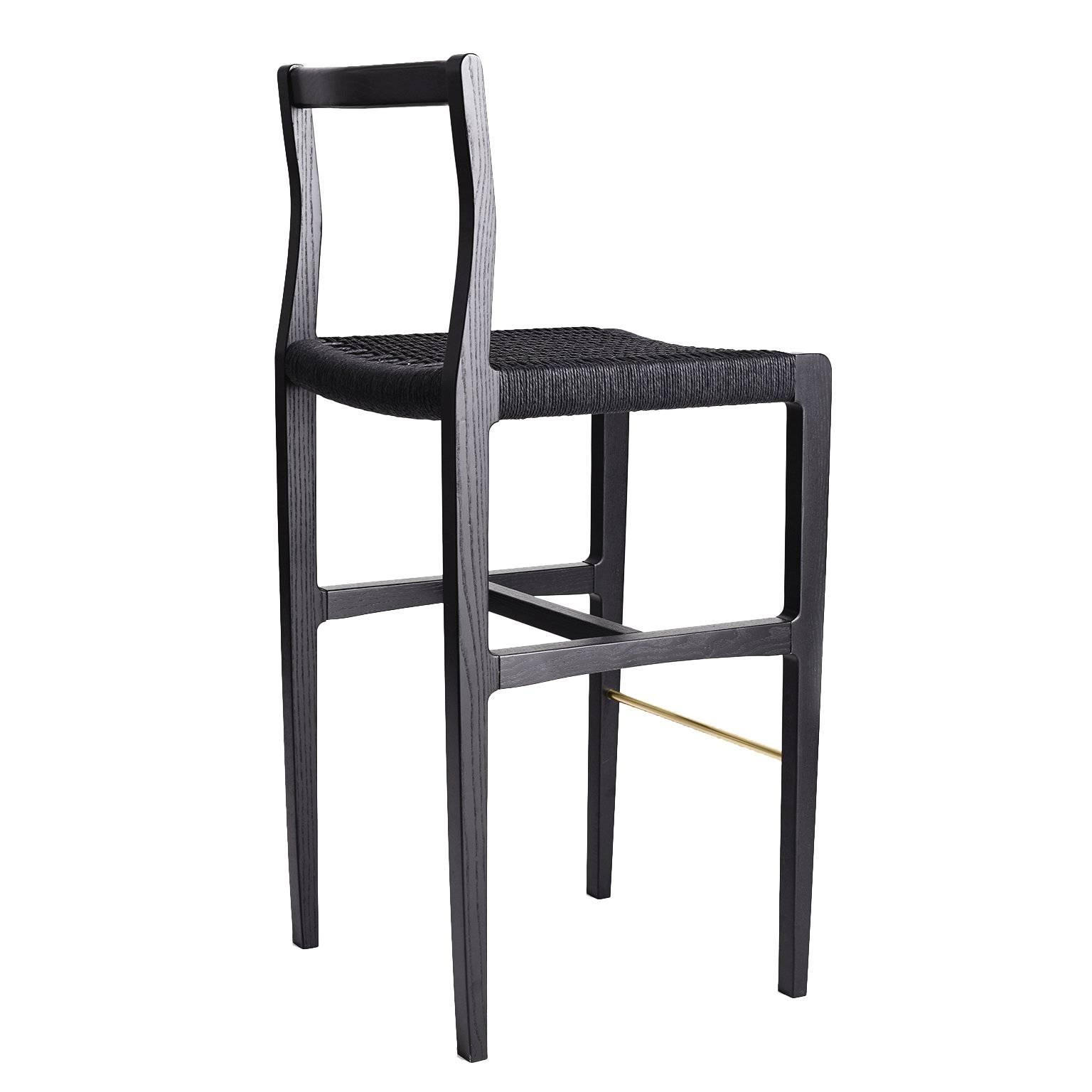 Giacomo Bar Chair/Bar Stool Ebonized Ash, Black Danish Cord, Brass Footrest For Sale
