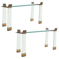 Pair of 1920s Art Deco Glass Console, Details in Gilt Bronze 2