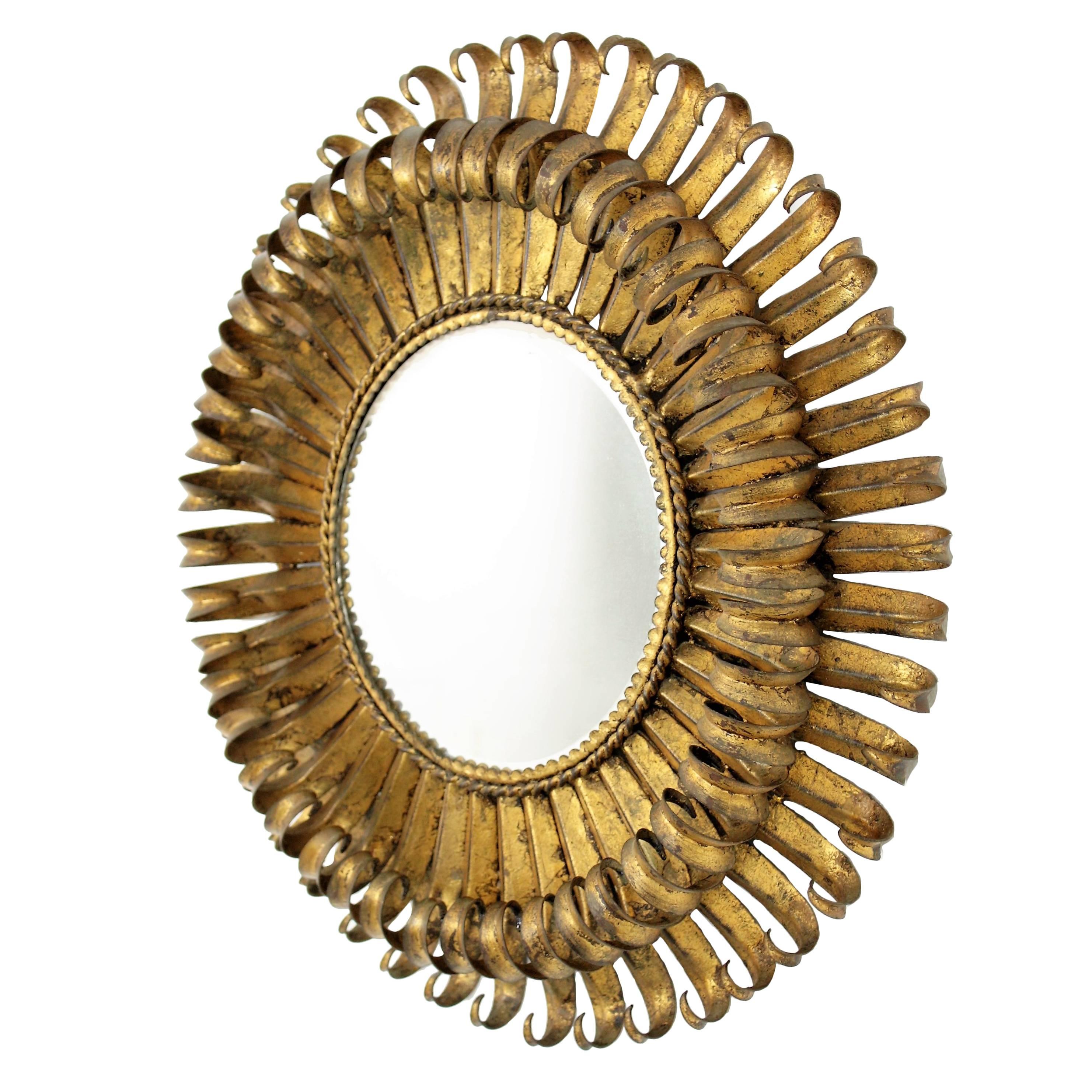 French 1950s Gilt Metal Hand-hammered Eyelash Round Sunburst Mirror