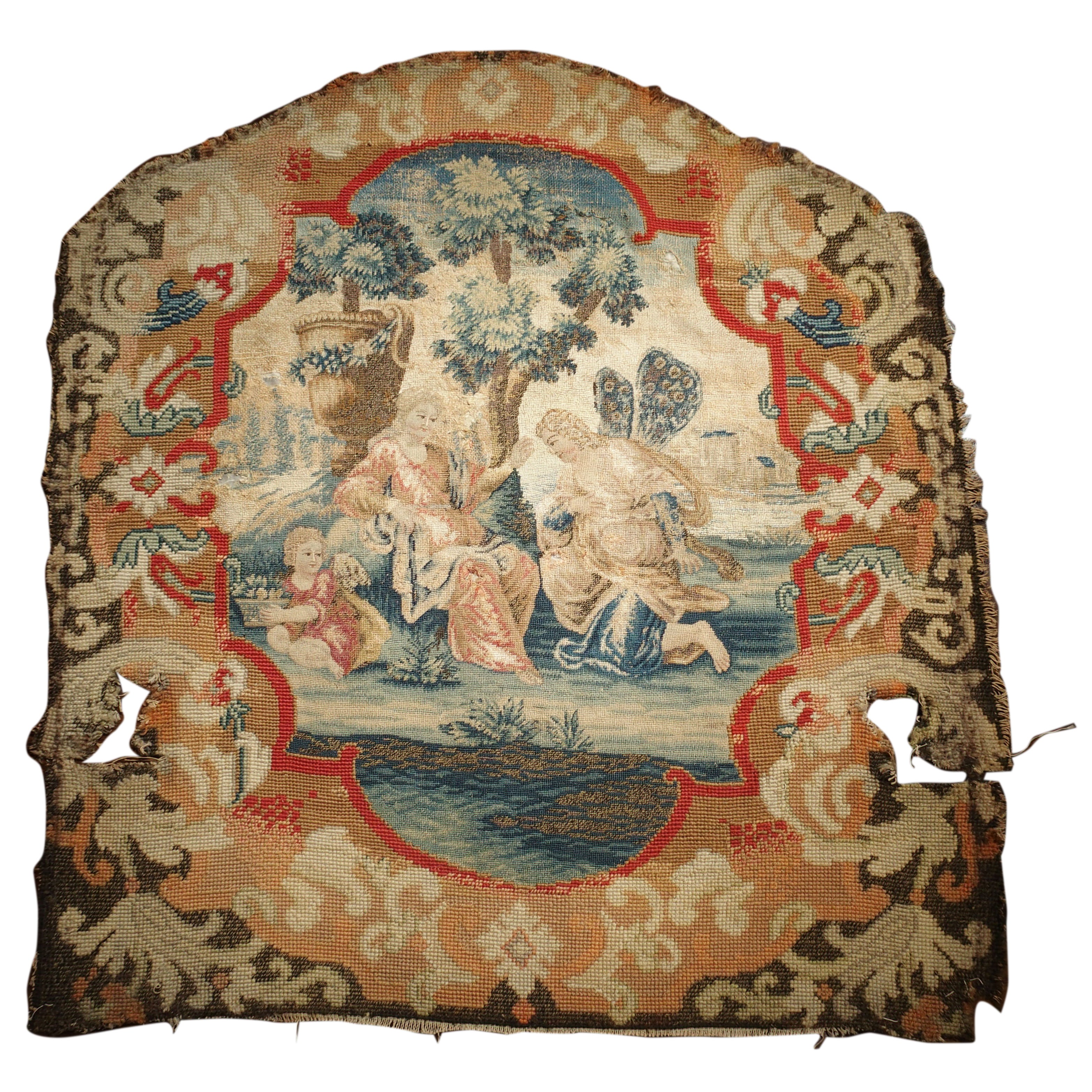1800s Fringed Wool Needlepoint Scenic French Tapestry For Sale at 1stDibs