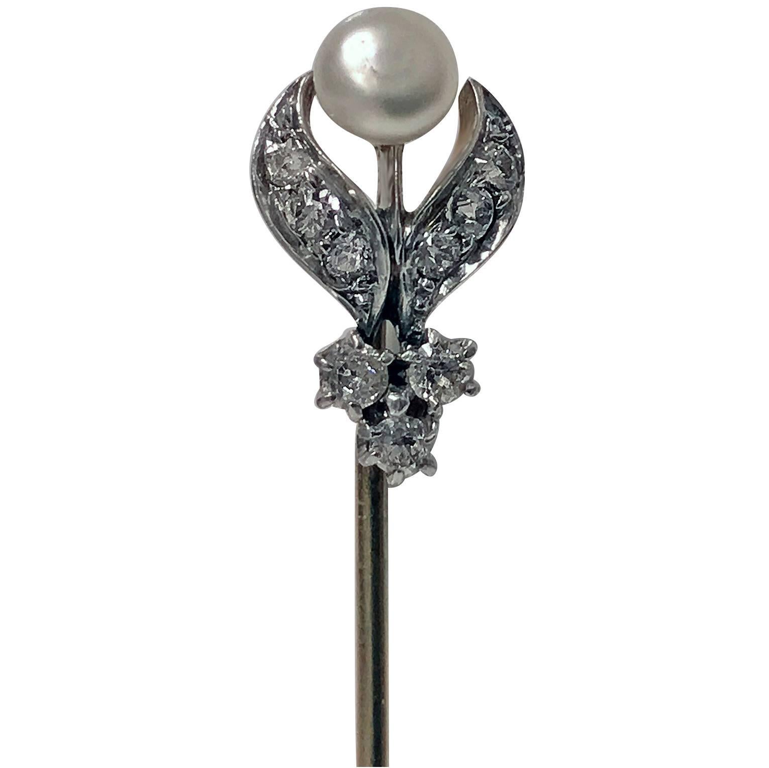 Platinum, 18-Karat, Diamond and natural Pearl Stickpin, circa 1910