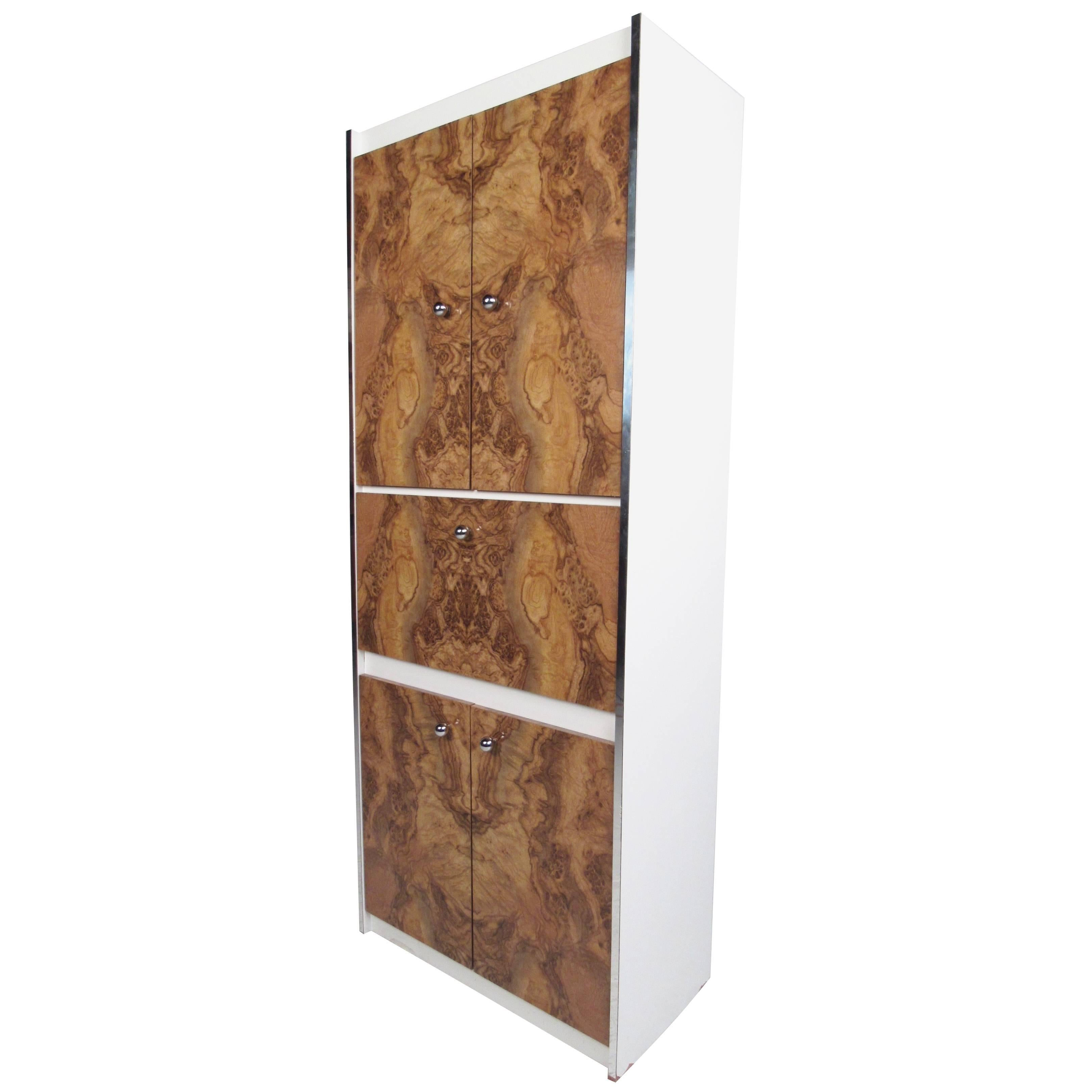 Mid-Century Modern Burl Wood Front Armoire Cabinet in the Style of Milo Baughman