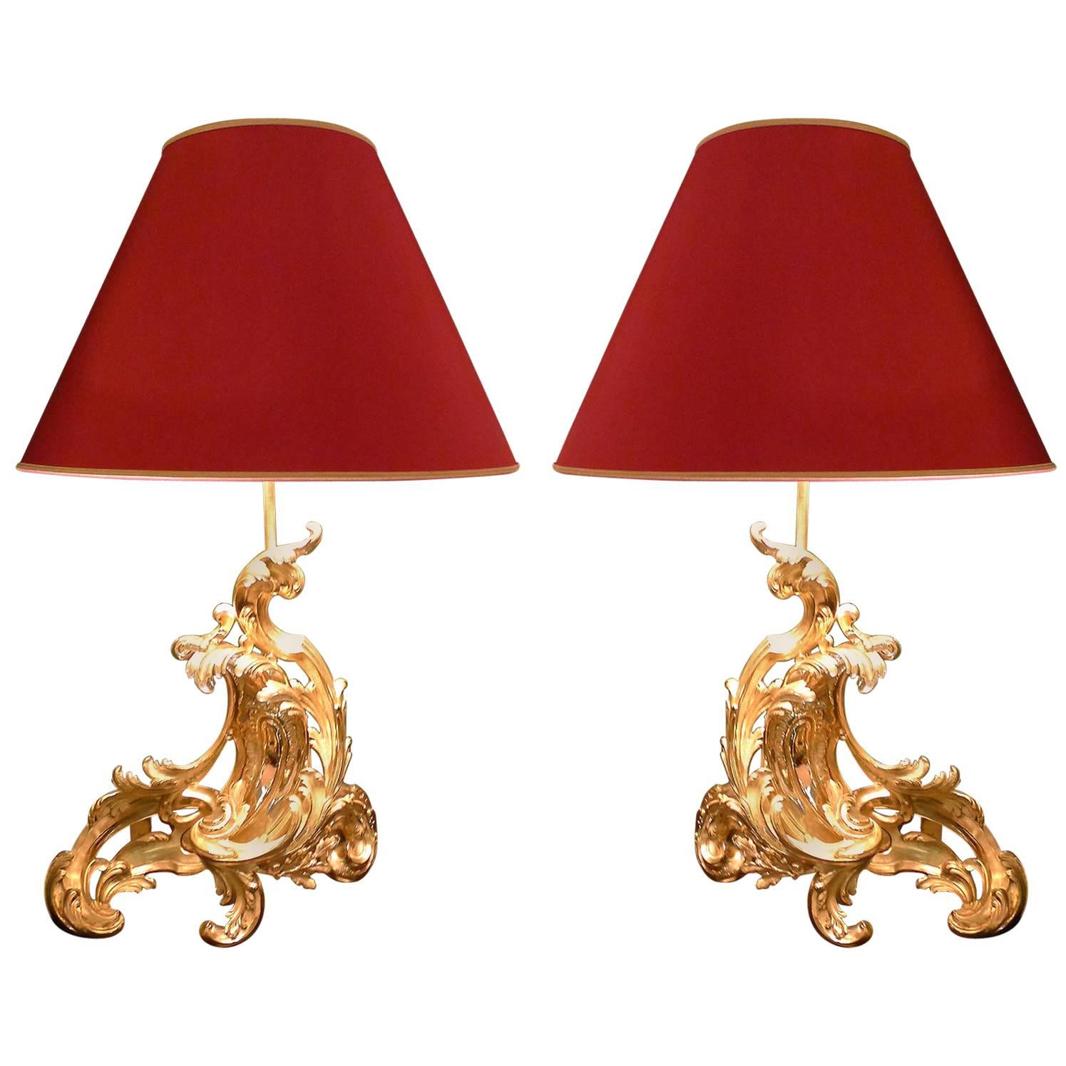 Pair of Lamps Made from Gilt Bronze Chenets For Sale