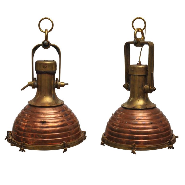 Pair of Rare Large Nautical Copper and Brass Ship's Deck Lights, Mid