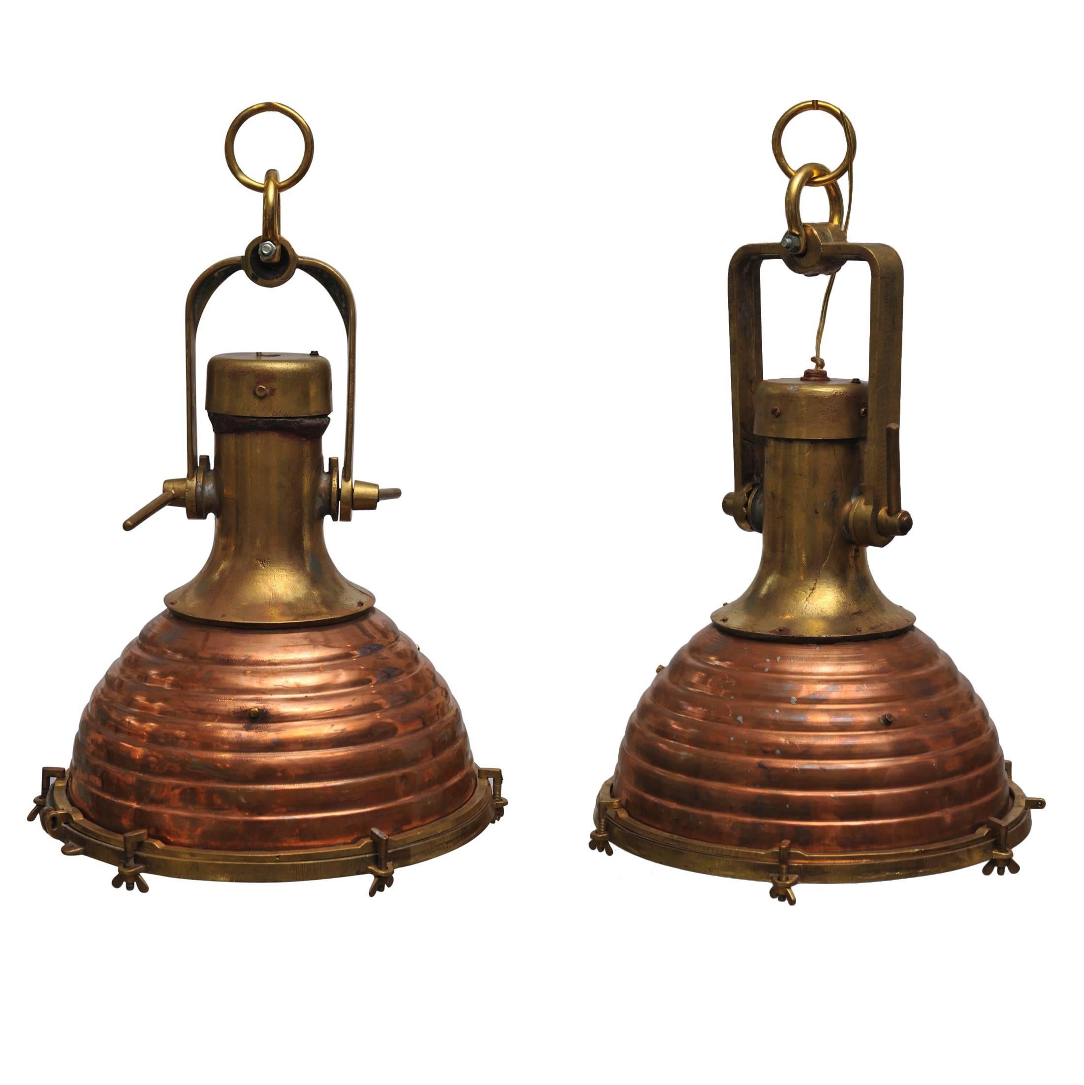 Pair of Rare Large Nautical Copper and Brass Ship's Deck Lights, Mid-Century