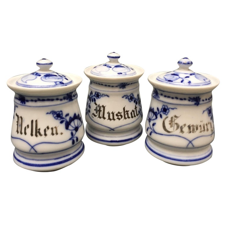 Set of Three Bavarian Blue and White Ceramic Spice Jars with Lids For