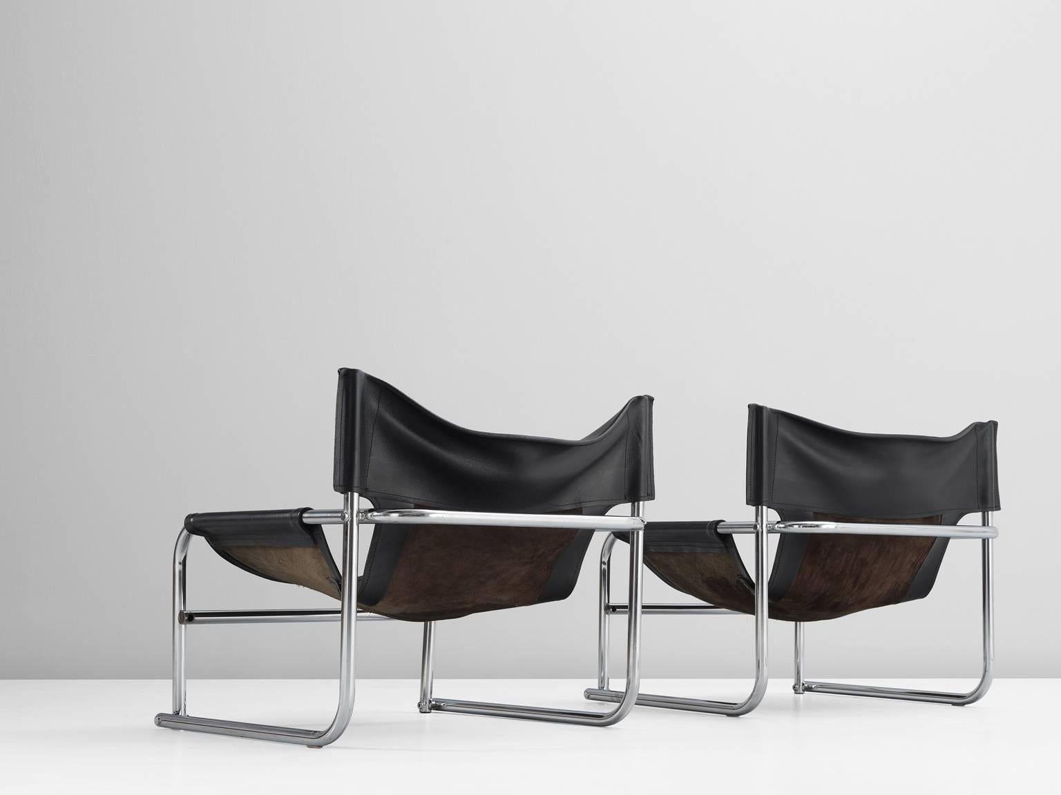Mid-Century Modern Rodney Kinsman Set of Two Tubular Easy Chairs in Black Leather