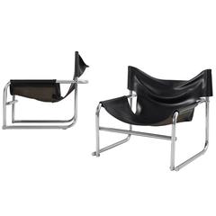 Rodney Kinsman Set of Two Tubular Easy Chairs in Black Leather