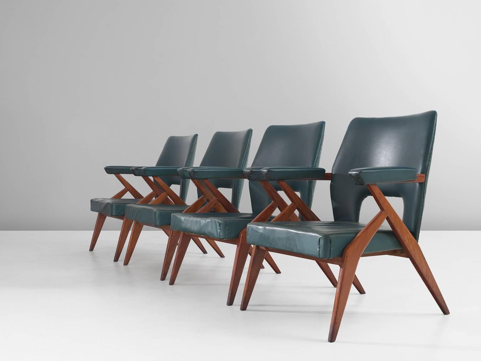 Mid-20th Century Set of Four Italian Easy Chairs in Mahogany and Petrol Blue Upholstery