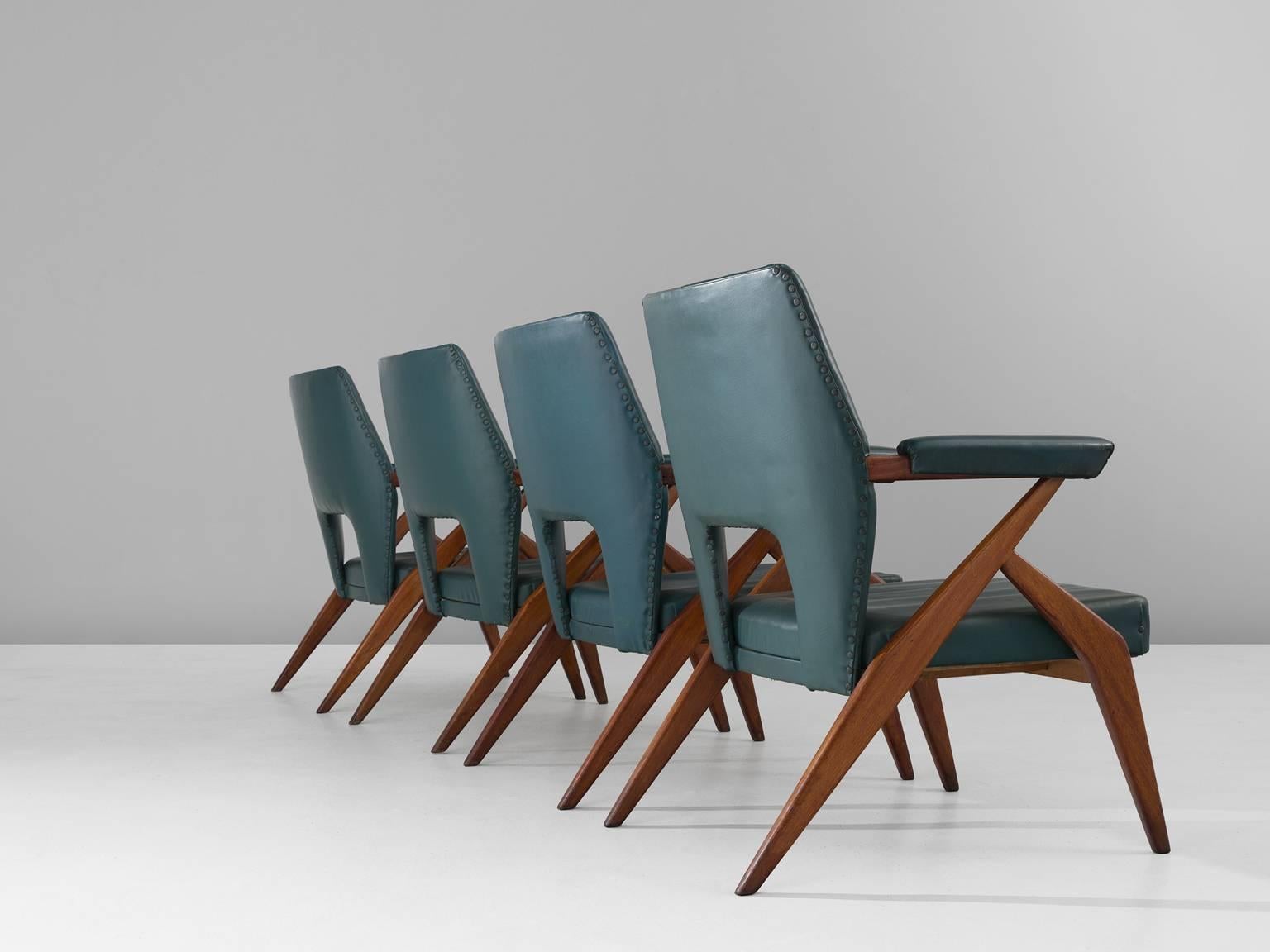 Faux Leather Set of Four Italian Easy Chairs in Mahogany and Petrol Blue Upholstery