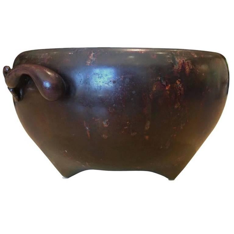 Qing Dynasty Bronze Planter with Pea Pod Handles on Tri-Footed Base