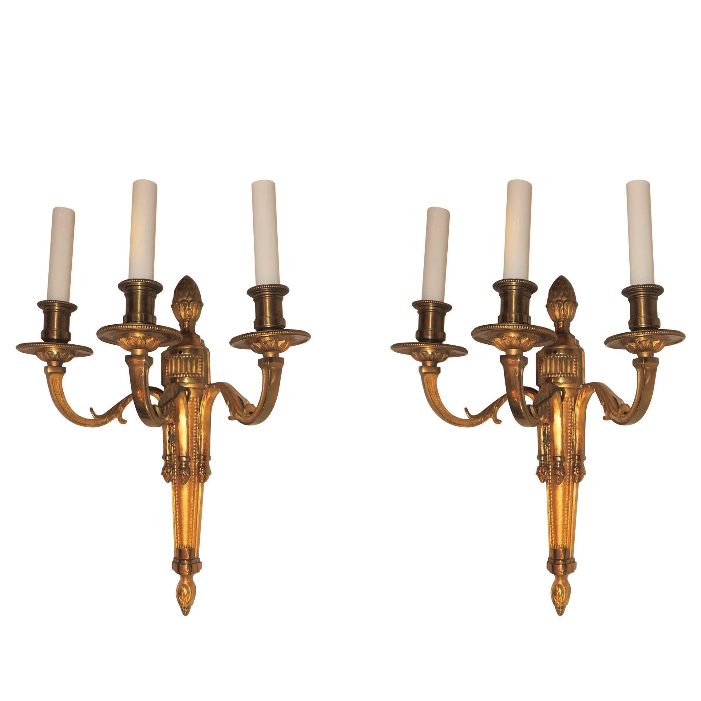 Wonderful Pair Neoclassical Urn Three-Arm Regency Caldwell Empire Sconces For Sale