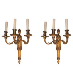 Wonderful Pair Neoclassical Urn Three-Arm Regency Caldwell Empire Sconces