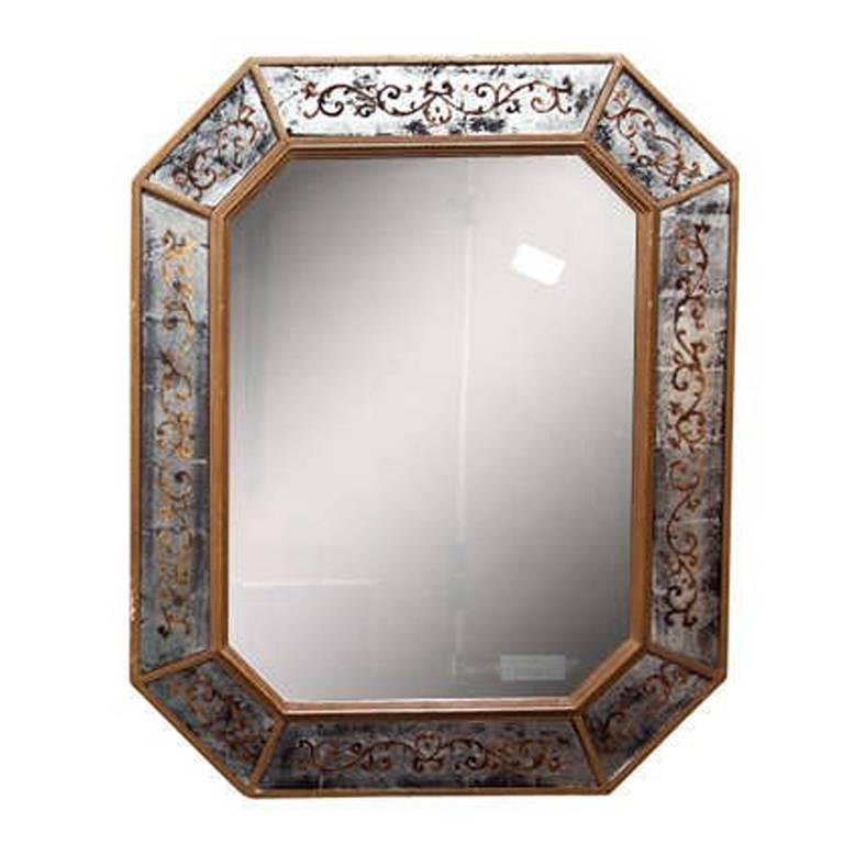  French Églomisé Mirror Circa 1940's by Maison Jansen Bronze Framed
