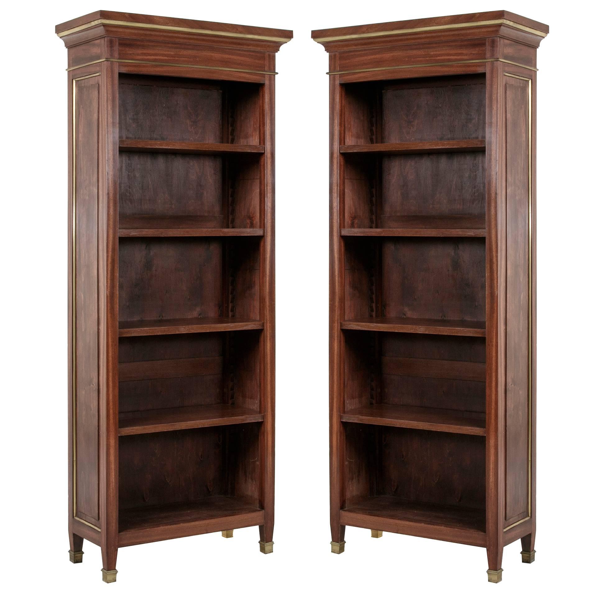 Pair Mid-Century Louis XVI Style Mahogany Bookcases Bibliotheques Bronze Details