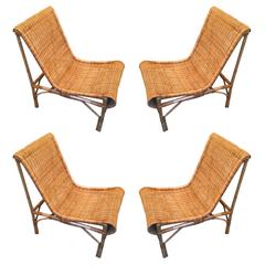 Louis Sognot Exceptional Set of Four Comfy Rattan Lounge Chair 3