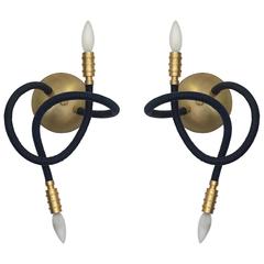 Pair of Midnight Blue Leather Flexible Arm Meander Wall Sconces