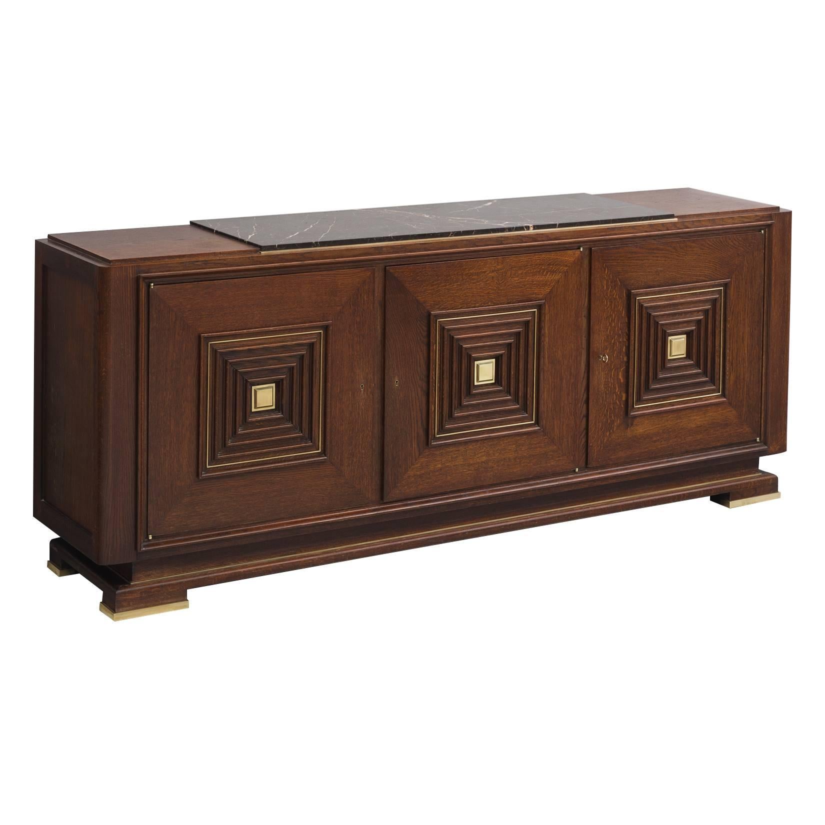 Art Deco Credenza in Oak with Marble Top and Brass Details