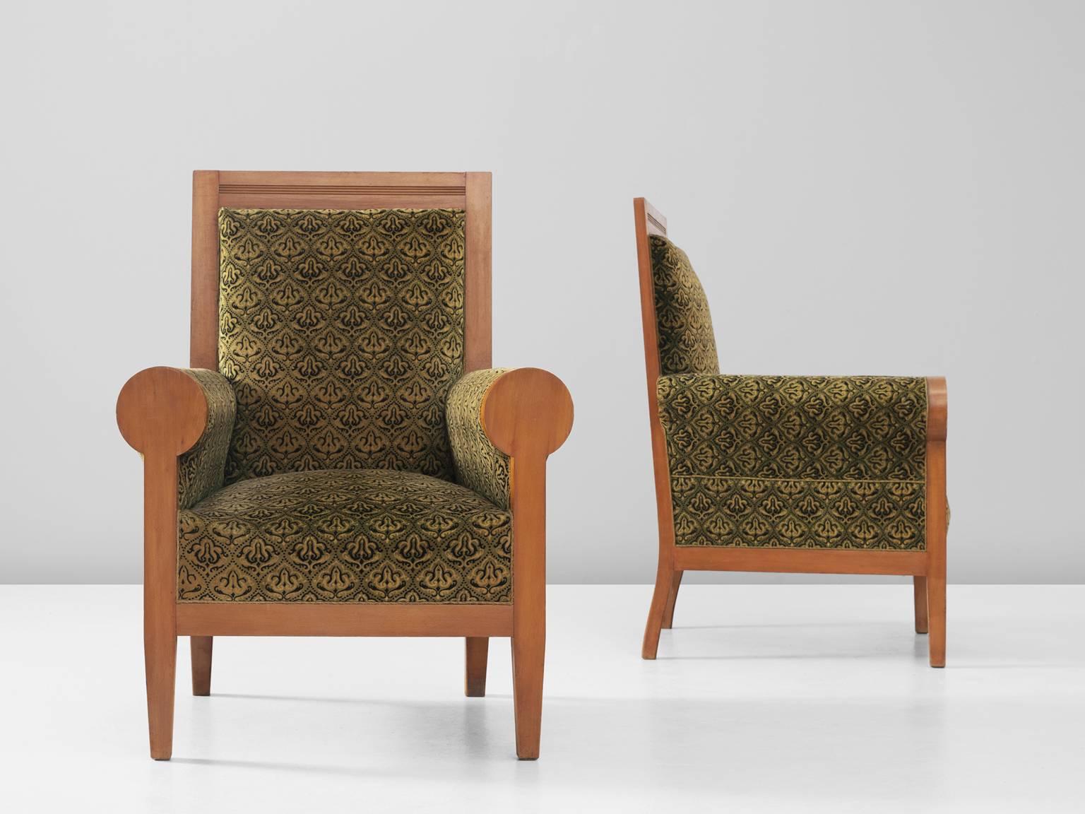 Pair of Italian High Back Armchairs in Green Fabric Upholstery In Good Condition In Waalwijk, NL
