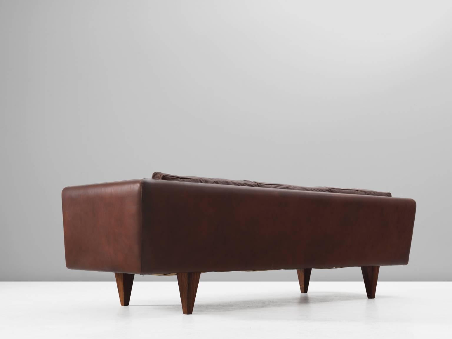 Danish Illum Wikkelso Completely Restored 'V11' Sofa in Brown Leather and Rosewood