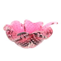 Handblown Pink Murano Glass Flower Bowl with Controlled Bubbles