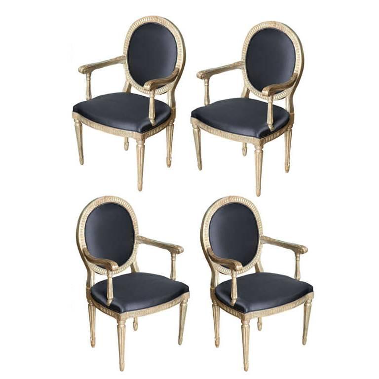 Rare Set of Four Italian Neoclassic Silver Gilt Armchairs For Sale