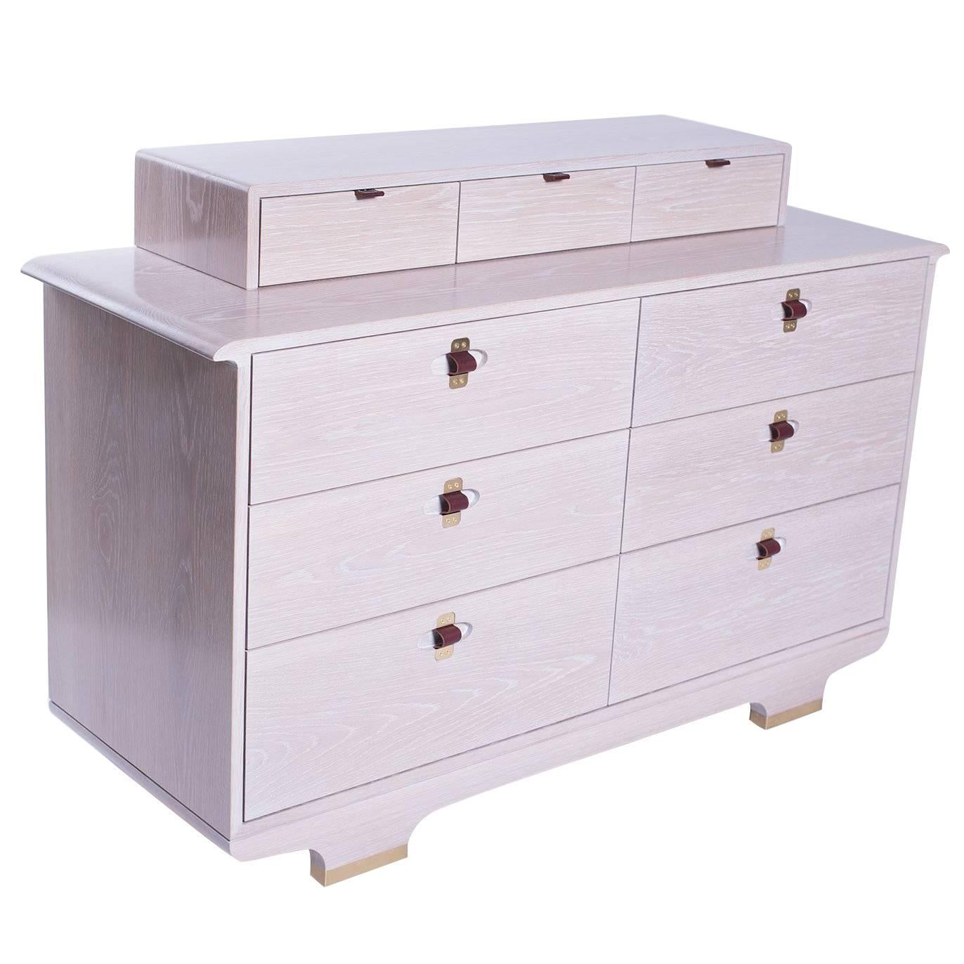 Kyoto Dresser, Whitewashed White Oak, Leather and Brass Detailing For Sale