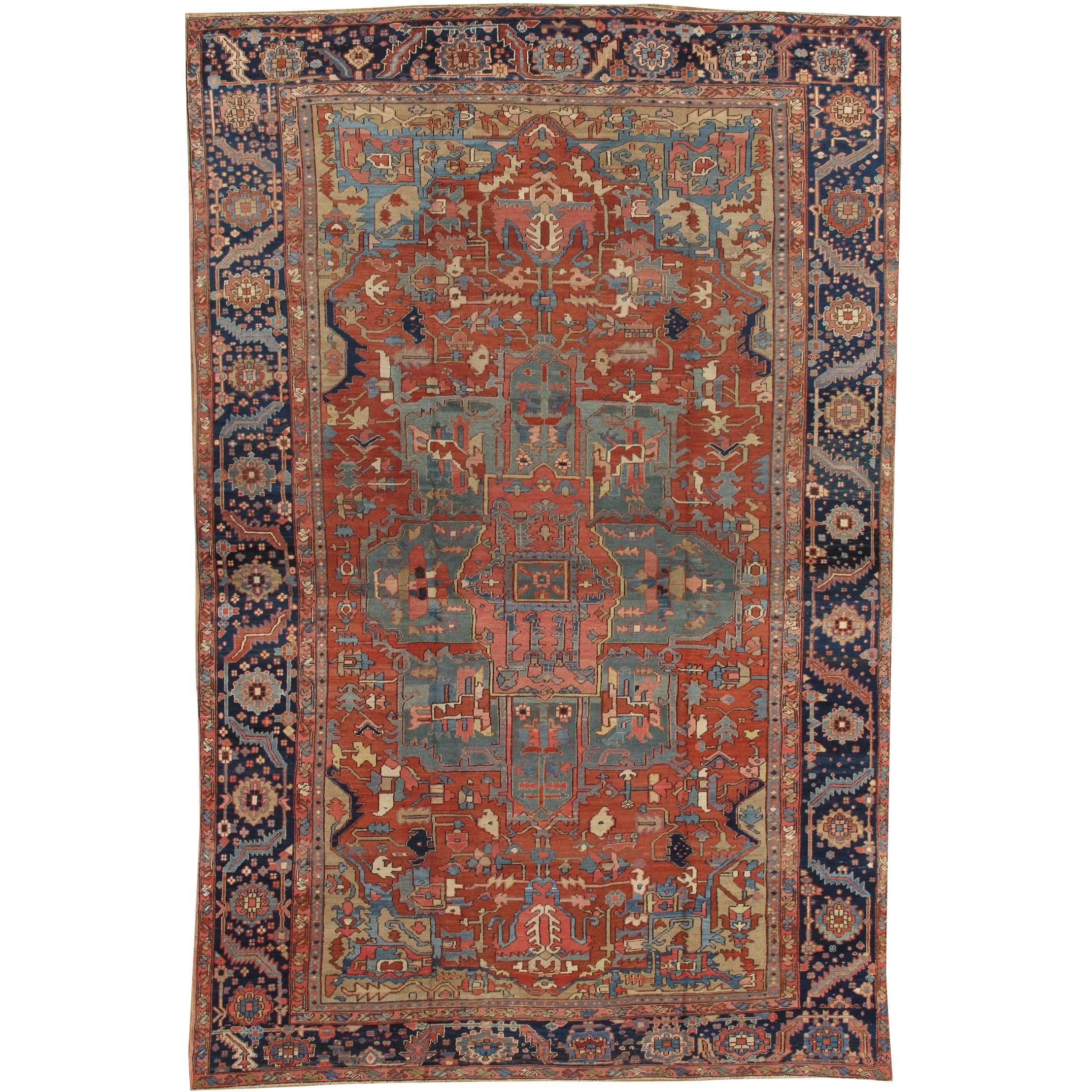 Antique Persian Heriz Carpet, Handmade Wool Oriental Rug, Rust, Navy, Light Blue