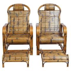 Antique Pair of Bamboo Lounge Chairs with Sliding Foot Rests, French Indochina